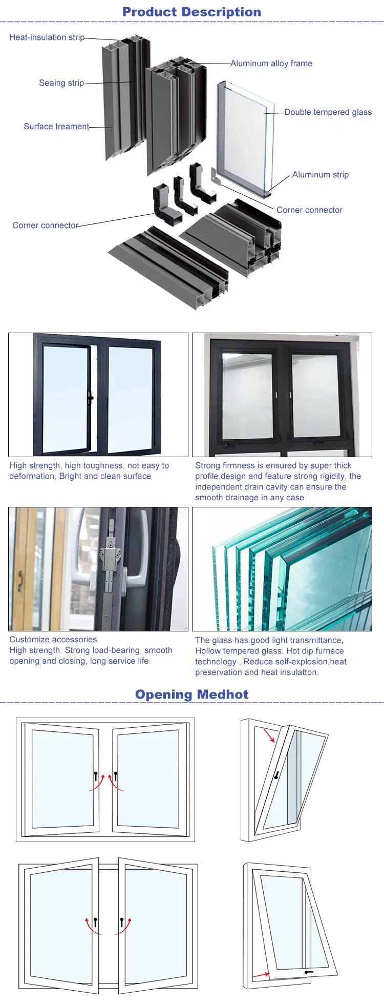 Hurricane Impact 48 X 60 Frameless Aluminium Casement Windows with Mosquito Net Black Color Aluminum Frame